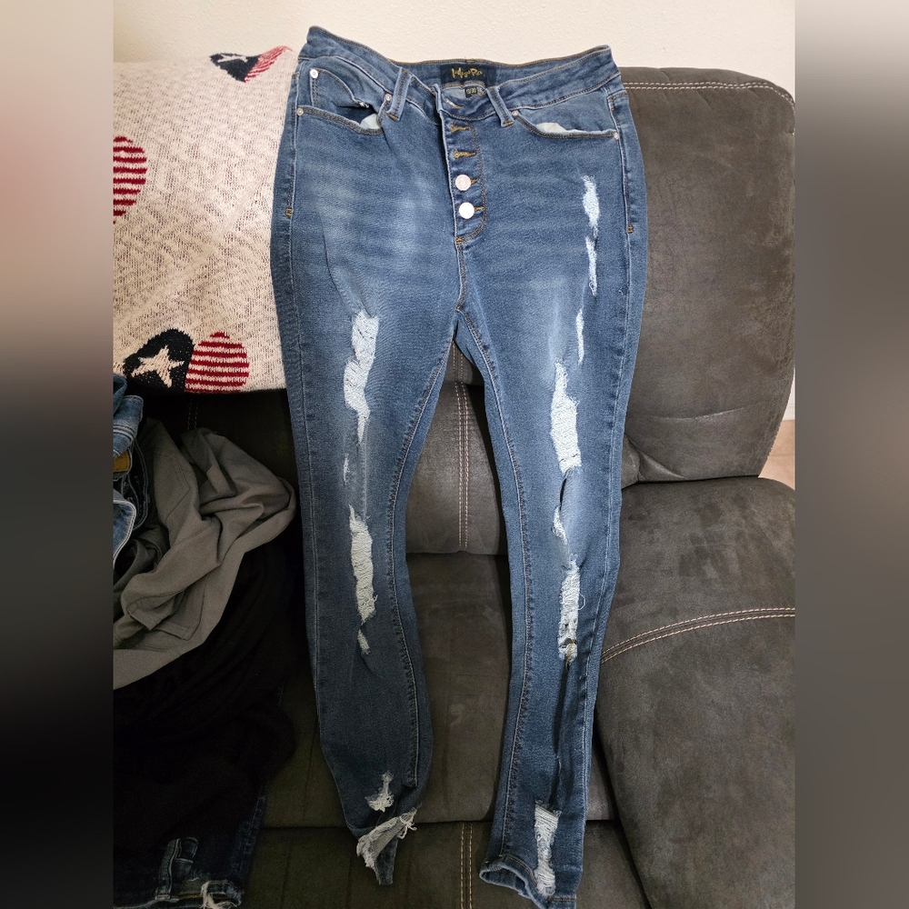 Indigo High Rise Button-Up Distressed Jeans
